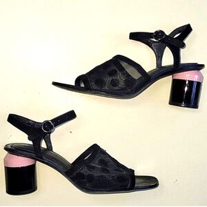 ZARA  Mesh Polka Dot Cylinder Block Heels Black With Pink Patent Size 39 EURO